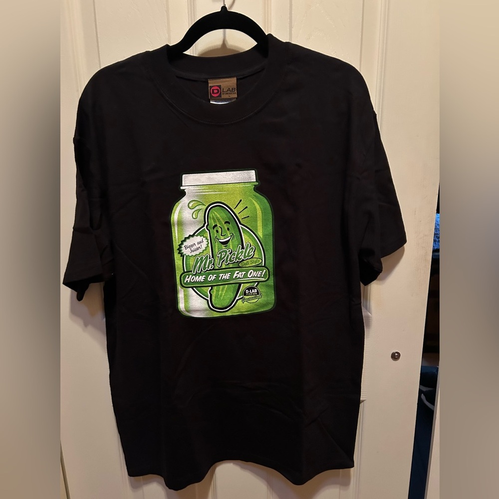 Mr. Pickle Black Cotton T Shirt Size L. Mid weight 29” L. NWOT Never worn